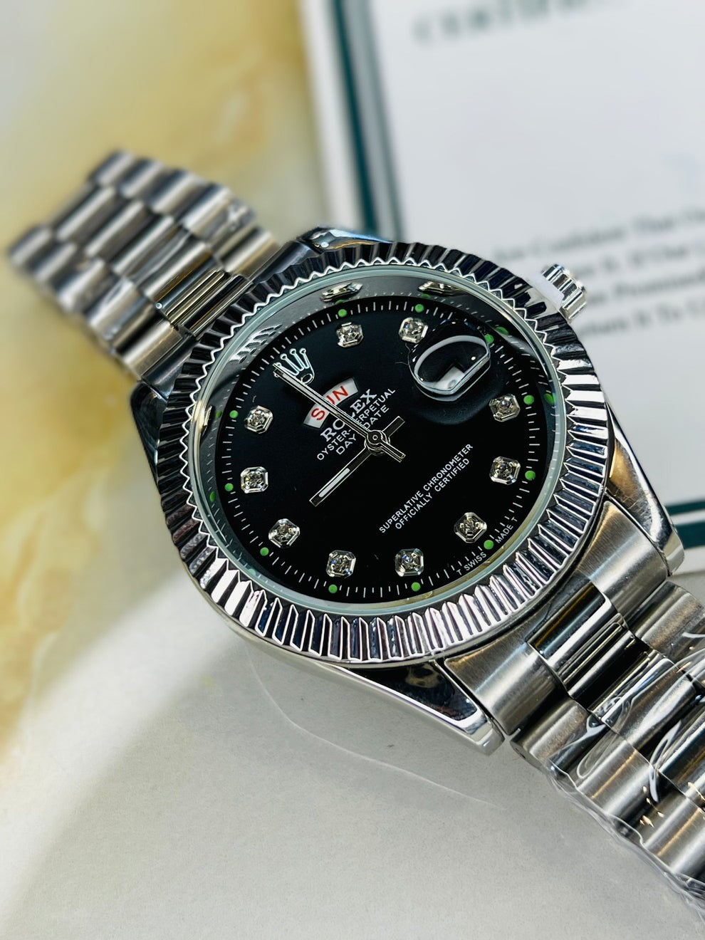 ROLEX DAY DATE BLACK SILVER DIAL WATCH ⌚️